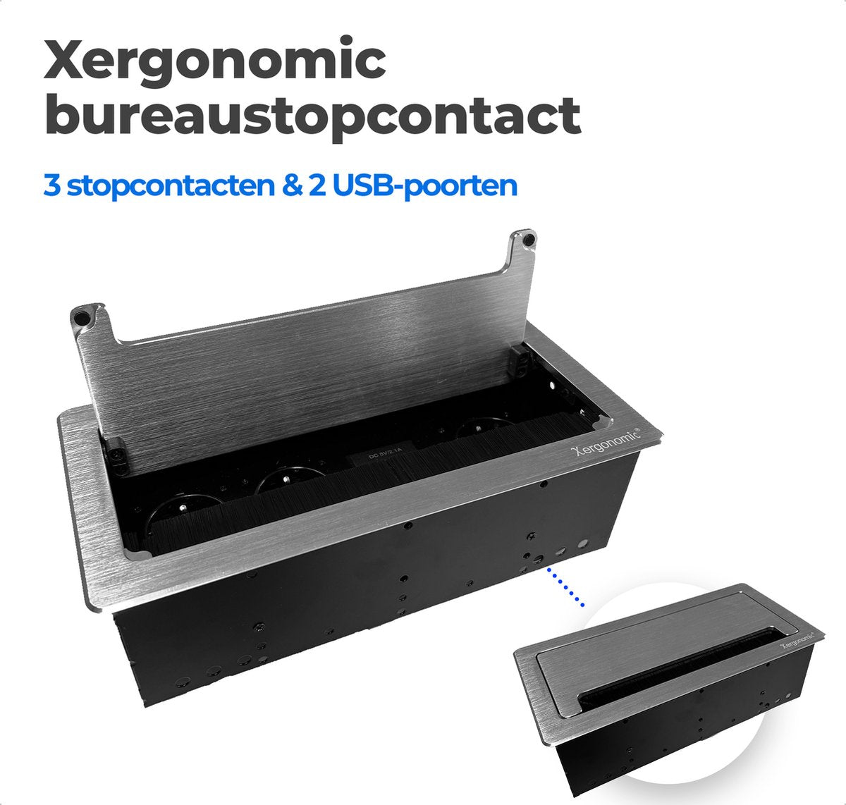 Xergonomic bureau stopcontact met kabeldoorvoer – B26.5xL13xH8cm - Bureau stekkerdoos met 3 stopcontacten en 2 USB-poorten – Inbouw contactdoos voor huis en kantoor meubilair – Stevige en moderne inbouwstekkerblok – Zilver