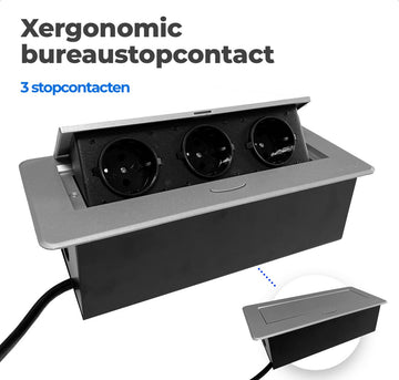 Xergonomic bureaustopcontact – bureaustekkerdoos met 3 stopcontacten – Inklapbare inbouw stekkerdoos – Inbouw contactdoos voor huis en kantoor meubilair – Stevige en moderne inbouwstekkerblok – B26.3xL11.7xH6.5cm Zilver