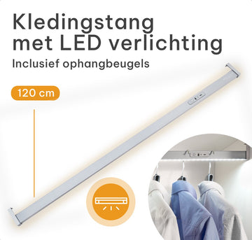 Milano Luxurious kledingstang met LED verlichting bewegingsmelder – kastroede met natuurlijk wit licht – oplaadbare kledingroede met sensor en aan/uit schakelaar – 120 cm - zilvergrijs