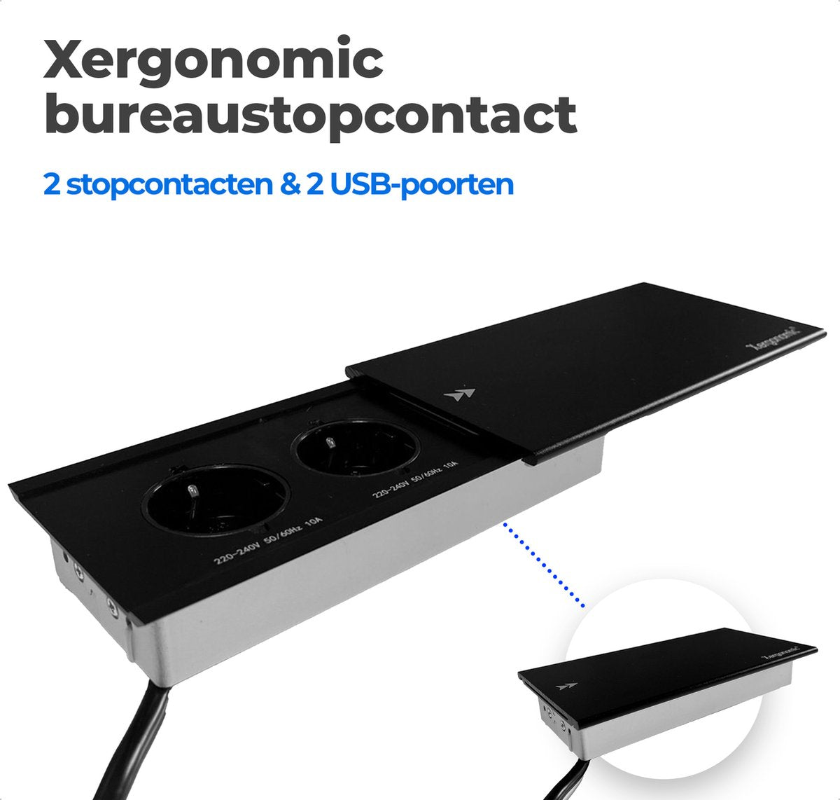 Xergonomic bureau stopcontact met schuifklep – L10xB19xH3.5cm - Bureau stekkerdoos met 2 stopcontacten en 2 USB-poorten – Inbouw contactdoos voor huis en kantoor meubilair – Stevige inbouwstekkerblok – Inbouwstopcontact – Zwart