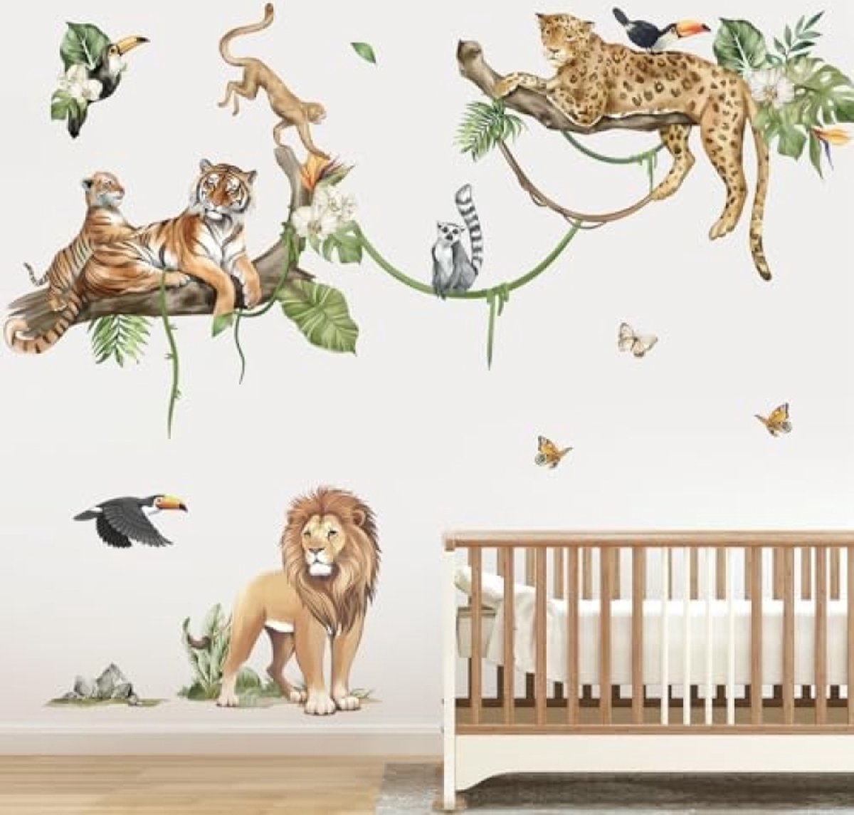 Jungle Dieren Boom Tak Muurstickers Safari Dierlijke Leeuw Luipaard Tijger Muurtattoo Babykinderkamer Kinder Woonkamer Slaapkamer Wanddecoratie