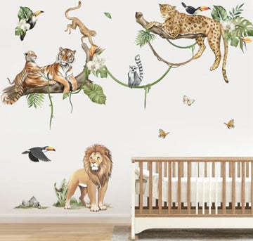 Jungle Dieren Boom Tak Muurstickers Safari Dierlijke Leeuw Luipaard Tijger Muurtattoo Babykinderkamer Kinder Woonkamer Slaapkamer Wanddecoratie