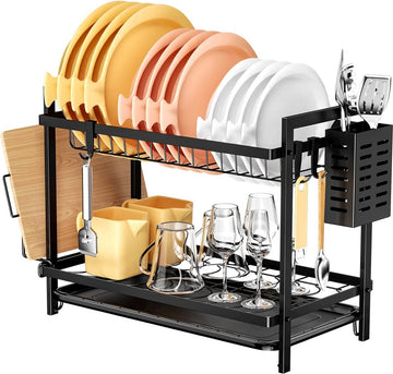 DiverseGoods Afdruiprek voor servies, 2 niveaus, afdruiprek, zwart, afdruiprek klein, afdruiprek met afneembare haak, dish drying rack met lekbak