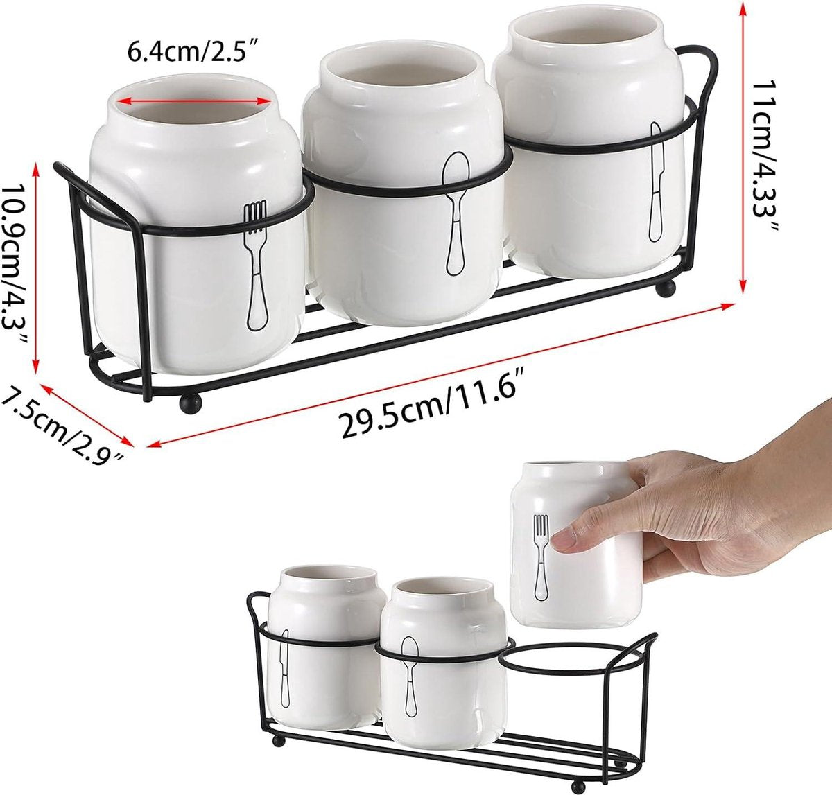 3-delige keramische bestekset - bestekmand metaal - lepelhouder aardewerk - wit Cutlery Organizer