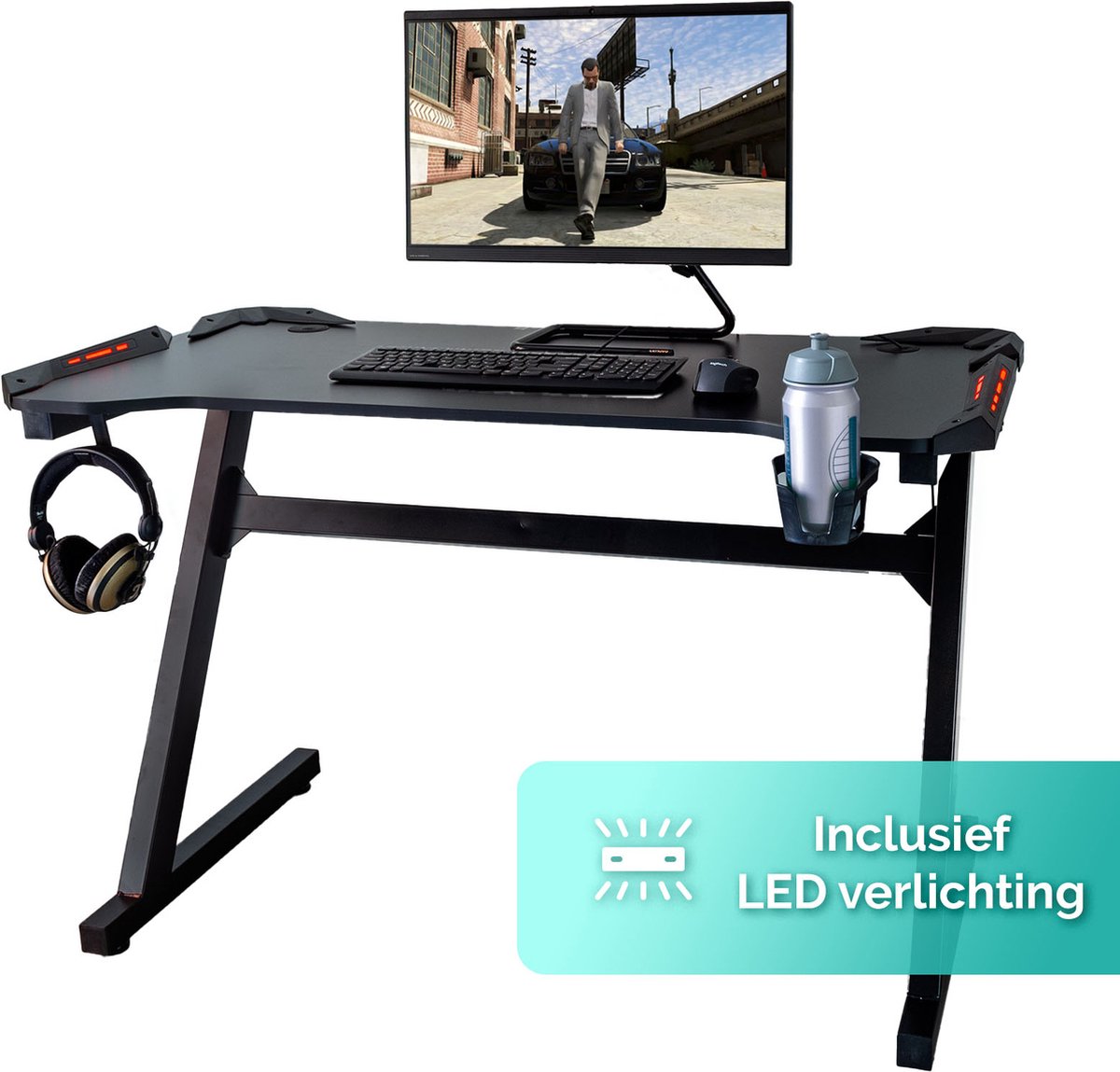 Xergonomic Game Bureau Met Led - Gaming Desk - Gaming Bureau Incl. Bekerhouder, Koptelefoonhouder en Kabelorganizer - B125 x H75 x L62 cm - Zwart