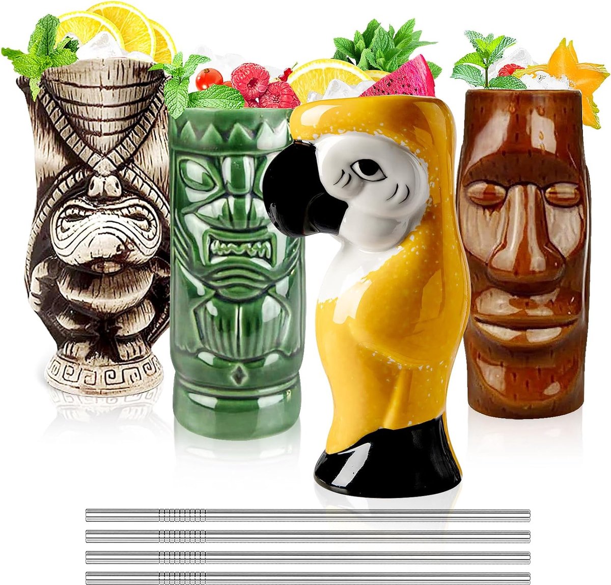 Glazen voor cocktails, Tiki-mokken, set van 4 keramische mokken, tropische mokken, Hawaiiaans Tiki-feest, creatief cocktailglas, drankjes, grote bar drankjes, schattig bar servies, 4 pakjes cadeau, geel.