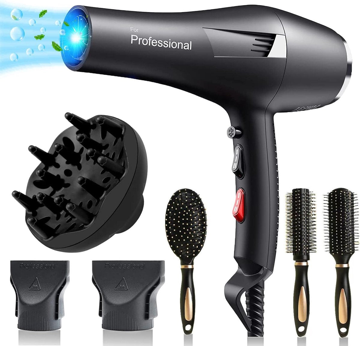 Professionele Föhn met AC Motor - Incl. 3 Haarborstel & 2 Mondstukken - Haardroger met Diffuser - Sneldrogend - 2400W