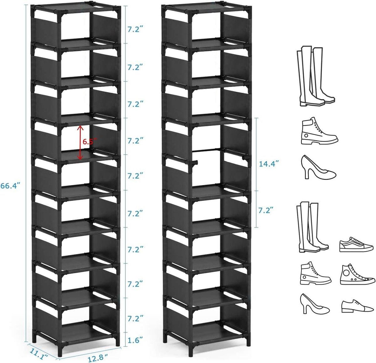 Ruimtebesparend schoenenrek 10 lagen - Organizer voor 10 paar hoge schoenen - Smalle schoenenplanken voor entreekast - Stapelbare cubby opslag
