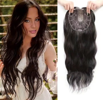 Prachtige natuurlijke uitstralende haartopper haarextensions hairextensions pruik voor dun wordend haar of om kale plekken of grijs haar te bedekken. Kleur donkerbruin zwartbruin bruin lang model m4