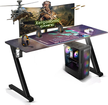 Xergonomic Aurora Xergax Gaming Desk - Bureau met carbonfiber look - Incl. beker-, koptelefoonhouder en kabelorganizer - B125xH75xL62 cm - Zwart