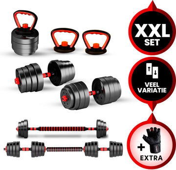 Venom Sports verstelbare dumbbell set tot 30kg - professionele 3-in-1 halterset gewichten - dumbbells, halterstang en kettlebells - zwart