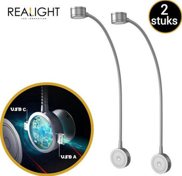 Realight Leeslampje voor in Bed met Dimfunctie - LED bedlampje voor Boek - Hoofdbord nachtlampjes Slaapkamer - 1 USB-poort & 1 USB-C poort - 360° Draaibaar - Zilver - 44 cm - 2 Stuks