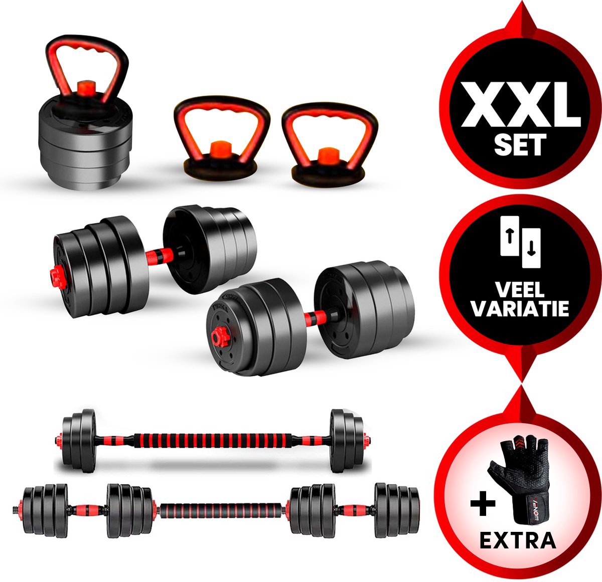 Venom Sports verstelbare dumbbell set tot 40kg - professioneel 3-in-1 halterset gewichten - dumbbells, halterstang en kettlebells - zwart