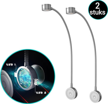 Bolt Electronics® Leeslamp 2 stuks – Bedlamp met 2 USB's - Warm licht - Nachtlampje voor Volwassenen - Wandlamp met Dim-functie - Modern ontwerp - Gemakkelijk in gebruik - Zilver