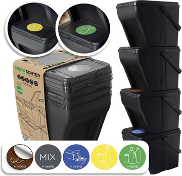 Vuilnisbak 4 vakken afvalscheidingssysteem 100 l - 4 x 25 l groen sorter afvalscheider 5 stickers kleuren afvalscheider voor biologisch afval papier, glas afvalscheidingssysteem voor afvalscheiding in de keuken