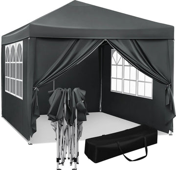 J&R Partytent - Paviljoen - Opvouwbare Luifel - Tuin tent - Waterdicht - Uv Bescherming - met Draagtas - Pavillon - Prieel - Zijpanelen - 3x3m - Grijs