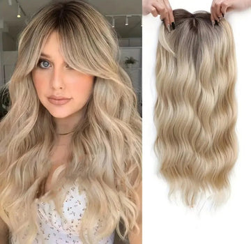 Prachtige natuurlijke uitstralende haartopper haarextensions hairextensions pruik voor dun wordend haar of om kale plekken of grijs haar te bedekken. Kleur ombre blond lang model