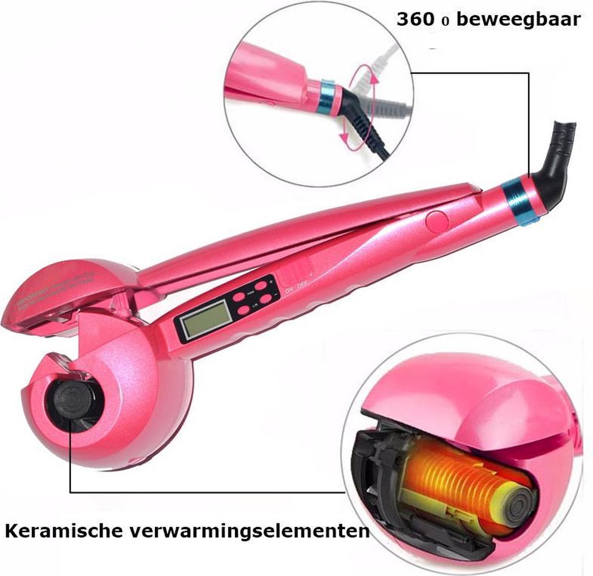 Elektrische haarkruller met LCD scherm en keramische platen. Kleur Roze