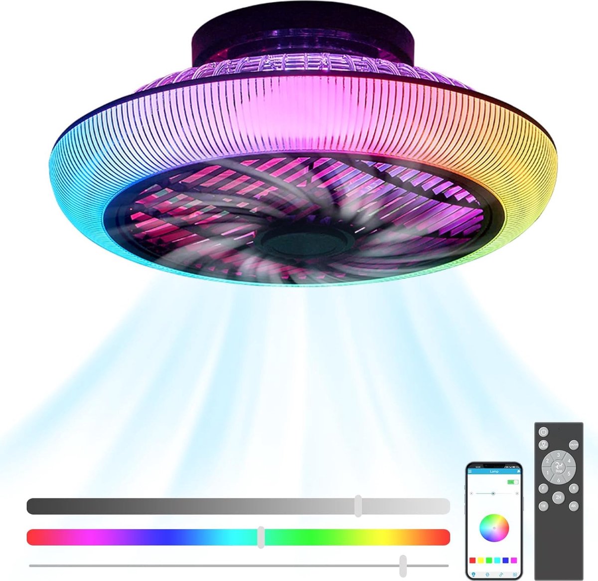 LuxiLamps - RGB Smart Plafond Ventilator - Met Speaker - Dimbaar Met Afstandsbediening En App - Muziek Plafondventilator - 46 cm - Woonkamerlamp - Moderne lamp