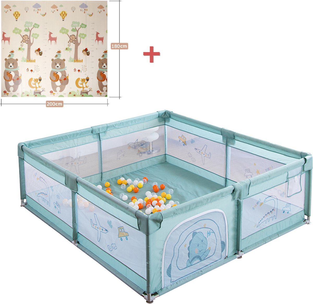 Grondbox - Mobiele kruipende playpes - Met antislip Basis en stevig Beschermingsgaas - Kruipbox voor Baby - 180 x 200 x 65cm - Groen - Met een Beer Kruipmat