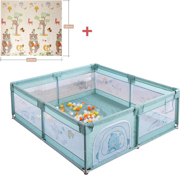 Grondbox - Mobiele kruipende playpes - Met antislip Basis en stevig Beschermingsgaas - Kruipbox voor Baby - 180 x 200 x 65cm - Groen - Met een Beer Kruipmat