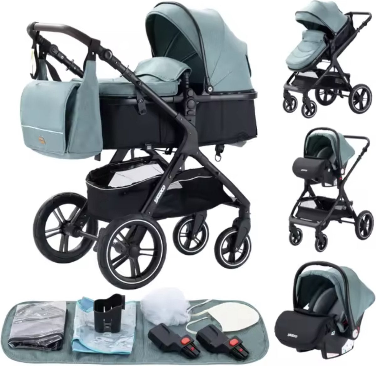 J&R Kinderwagen 3 in 1 - Kinderwagen - Bedje - Buggy - Autostoel - Opvouwbaar - Aluminium frame - Groen - Zwart