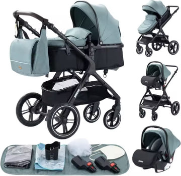 J&R Kinderwagen 3 in 1 - Kinderwagen - Bedje - Buggy - Autostoel - Opvouwbaar - Aluminium frame - Groen - Zwart