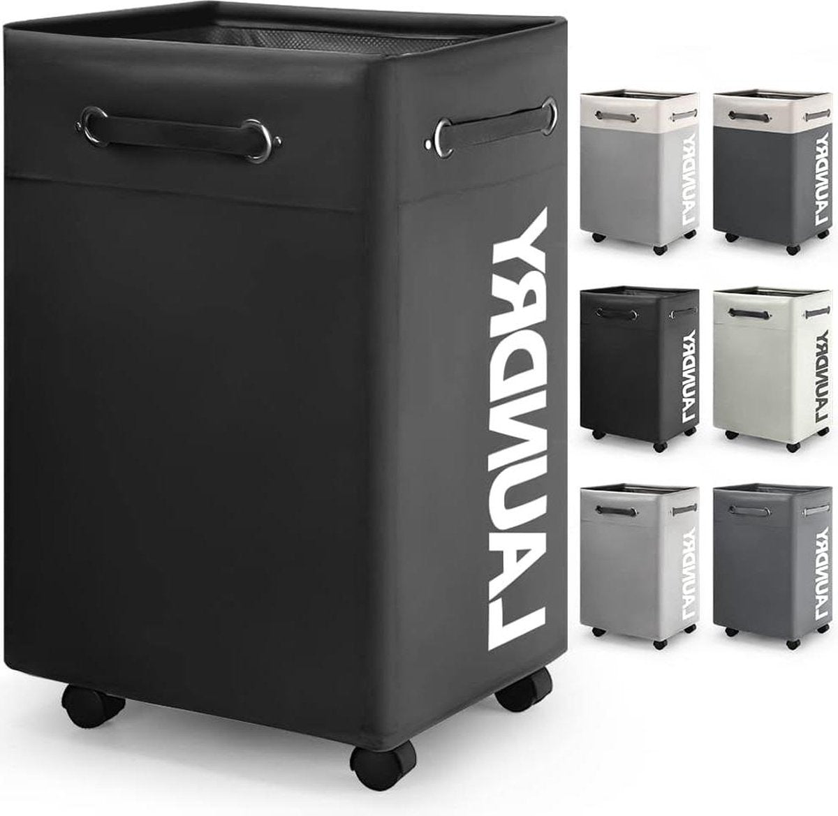 Grote Inklapbare Wasmand - 74L Opvouwbare Dunne Wasmand - Wielen en Handvat - Praktische Opbergbox - Zwart o2 Wasmand
