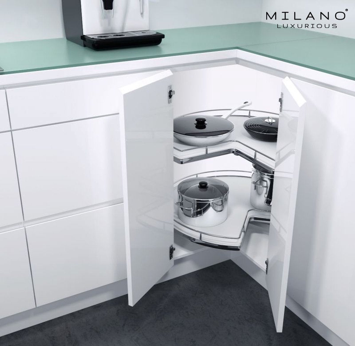 Milano Luxurious® Driekwart Draaibodem Milano Luxurious® Hoek Keukenkast Organizer – 2 draaiplateaus - antraciet - met opstaande rand