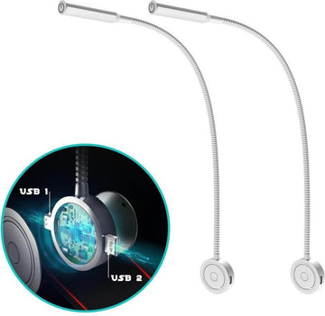 Bolt Electronics® BLLIQ2011 Leeslamp 2 stuks – Bedlamp met 2 USB's - Nachtlampje voor Volwassenen - Wandlamp met Dimfunctie - Zilver - 59.5 CM - 230 V