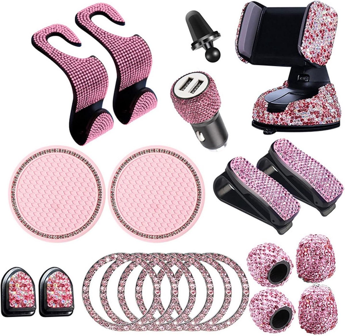 Bling auto-accesoires interieur - 20 stuks voor vrouwen - glitter telefoonhouder - ontstekingsring - autohaak auto accessoires