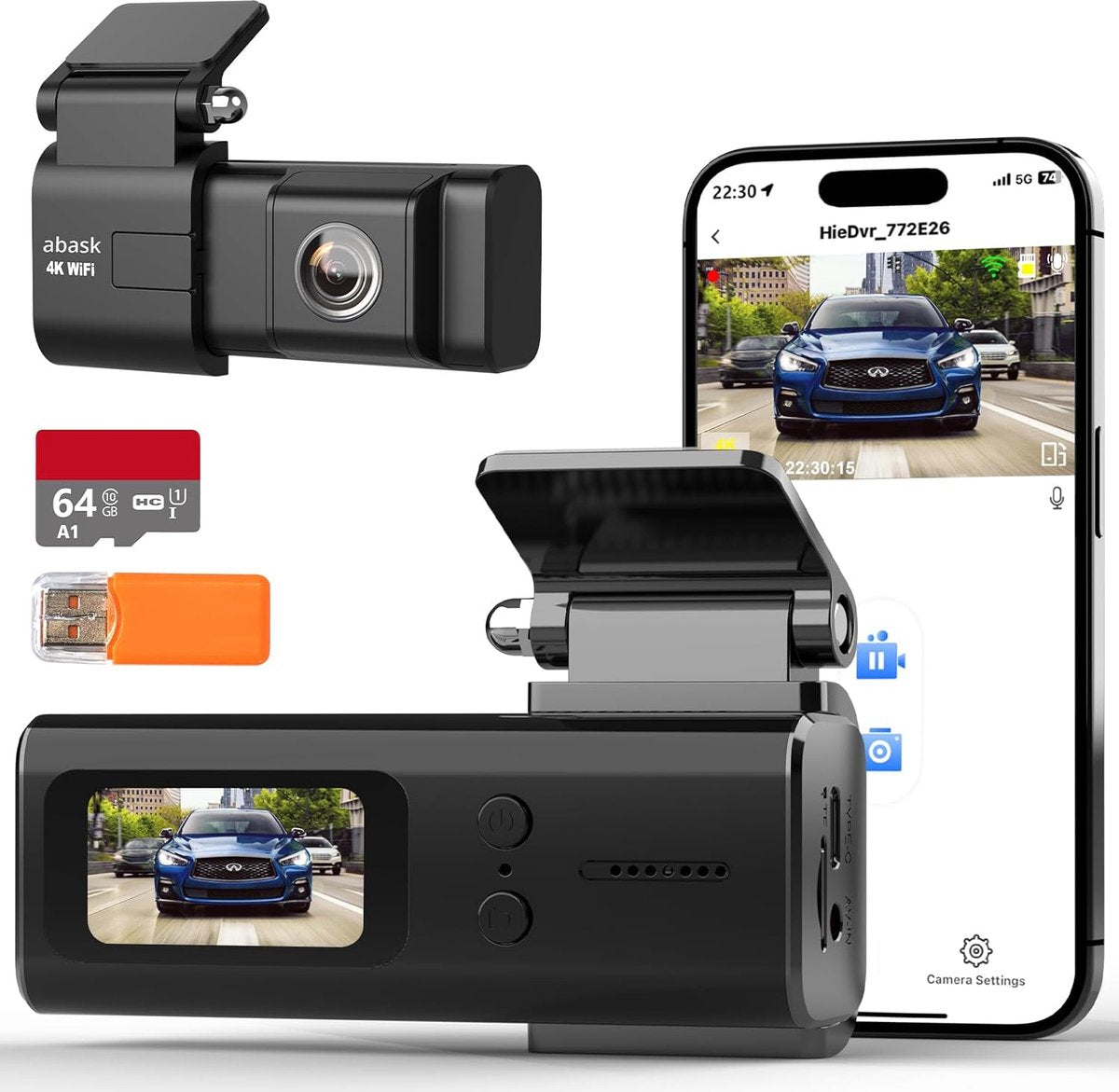 Dashcam - 2160p, 1080p - 4K wifi met app bediening - 170° breedhoek - Nachtzicht - Met 64 GB SD-kaart - G sensor - Zwart -