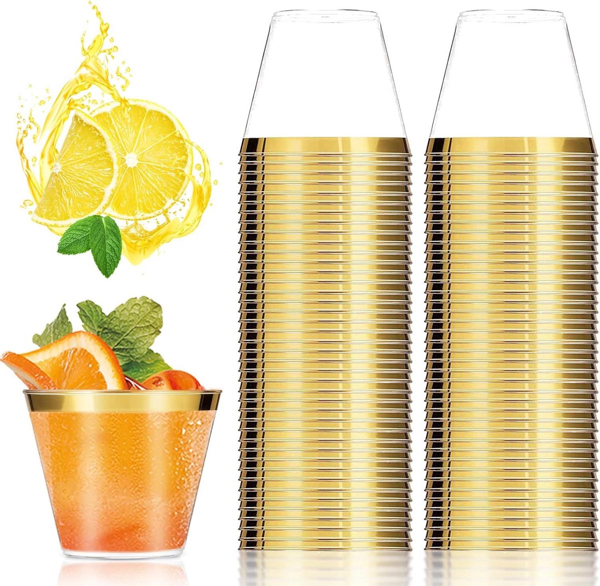 Herbruikbare drinkbekers met gouden rand - 80 stuks - 270 ml - elegante feestglazen - voor woondecoratie feest bruiloft - verjaardag picknick shotglaasjes plastic wegwerp
