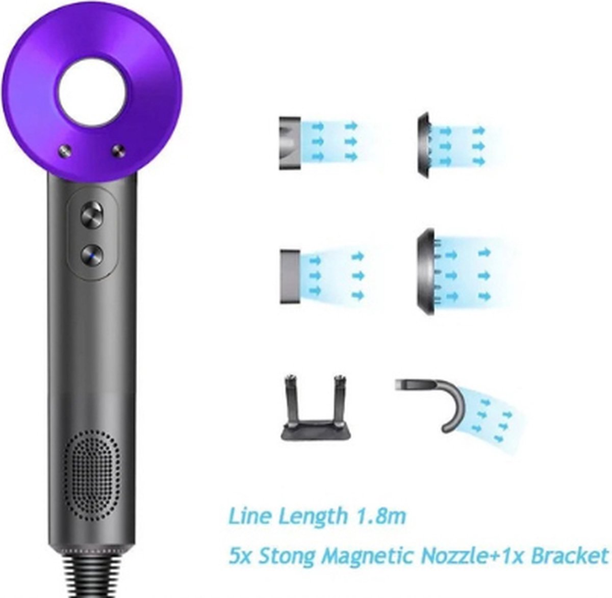 Föhn met Diffuser - Ionische Haardroger - Hair Dryer - Professionele Haar Droger - Rijk uitgerust - Inclusief 6 accessoires - 3 Standen - Paars