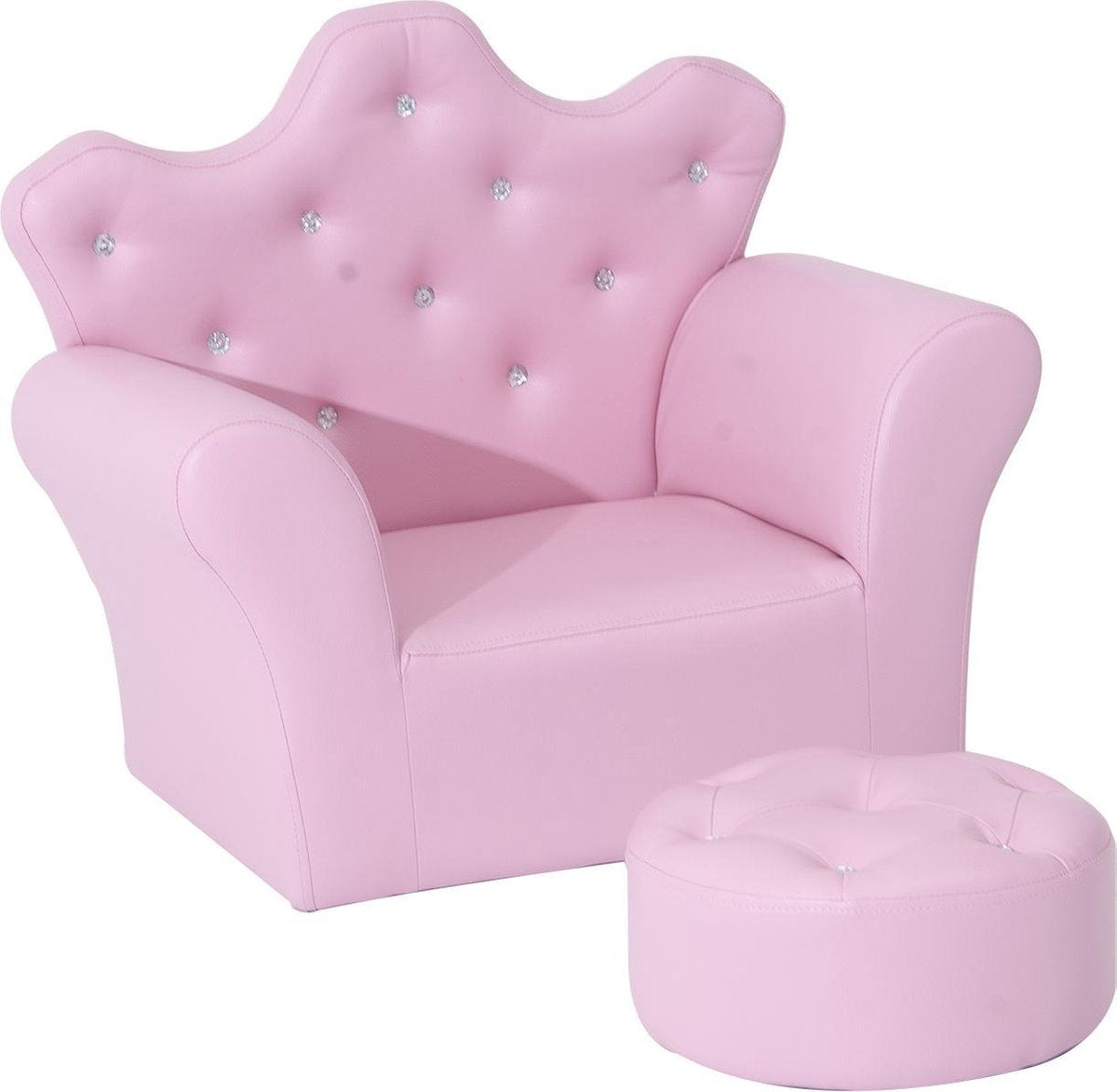 Kindersofa met kristallen knoppen en poef roze