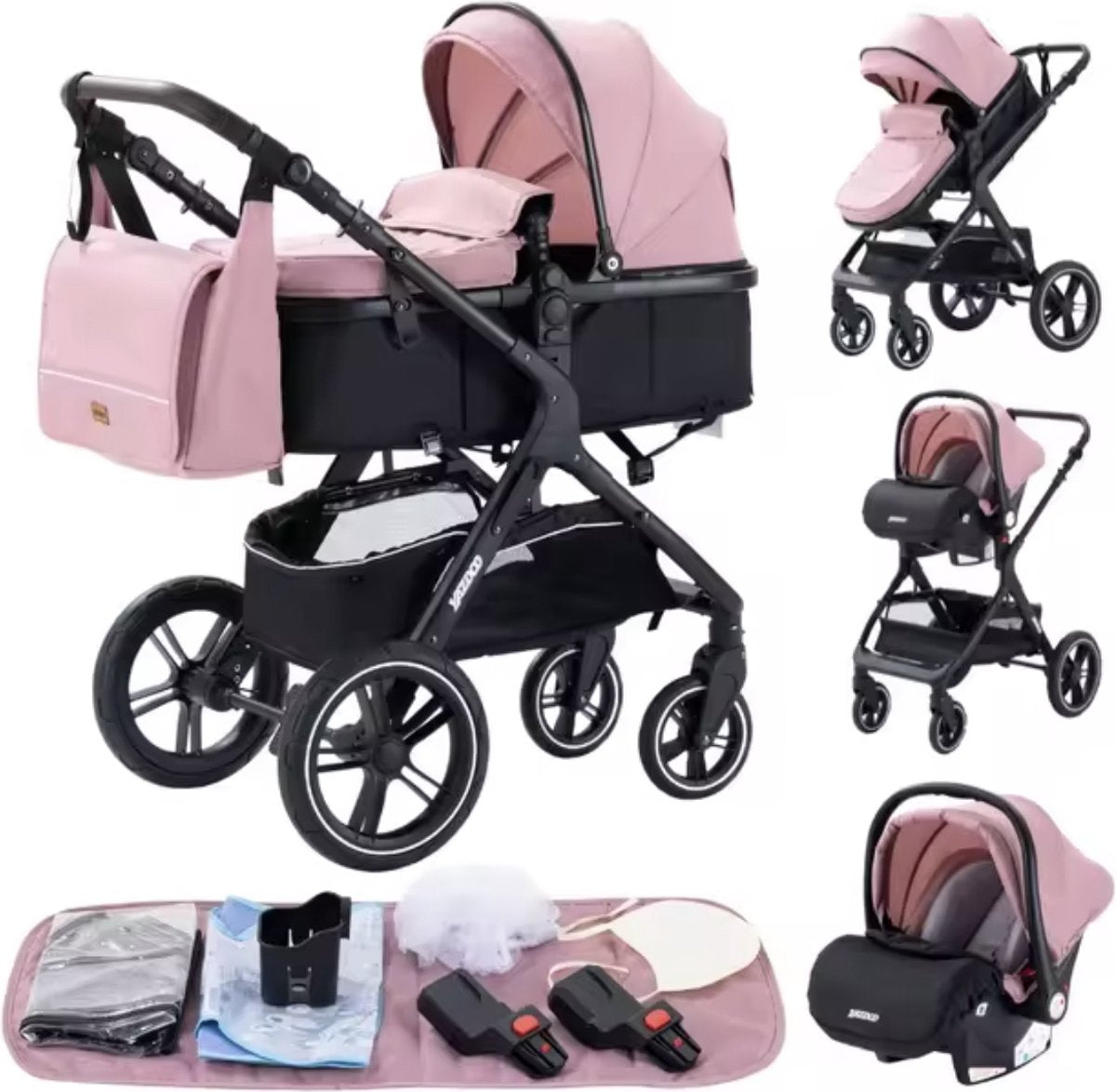 J&R Kinderwagen 3 in 1 - Kinderwagen - Bedje - Buggy - Autostoel - Opvouwbaar - Aluminium frame - Roze - Zwart