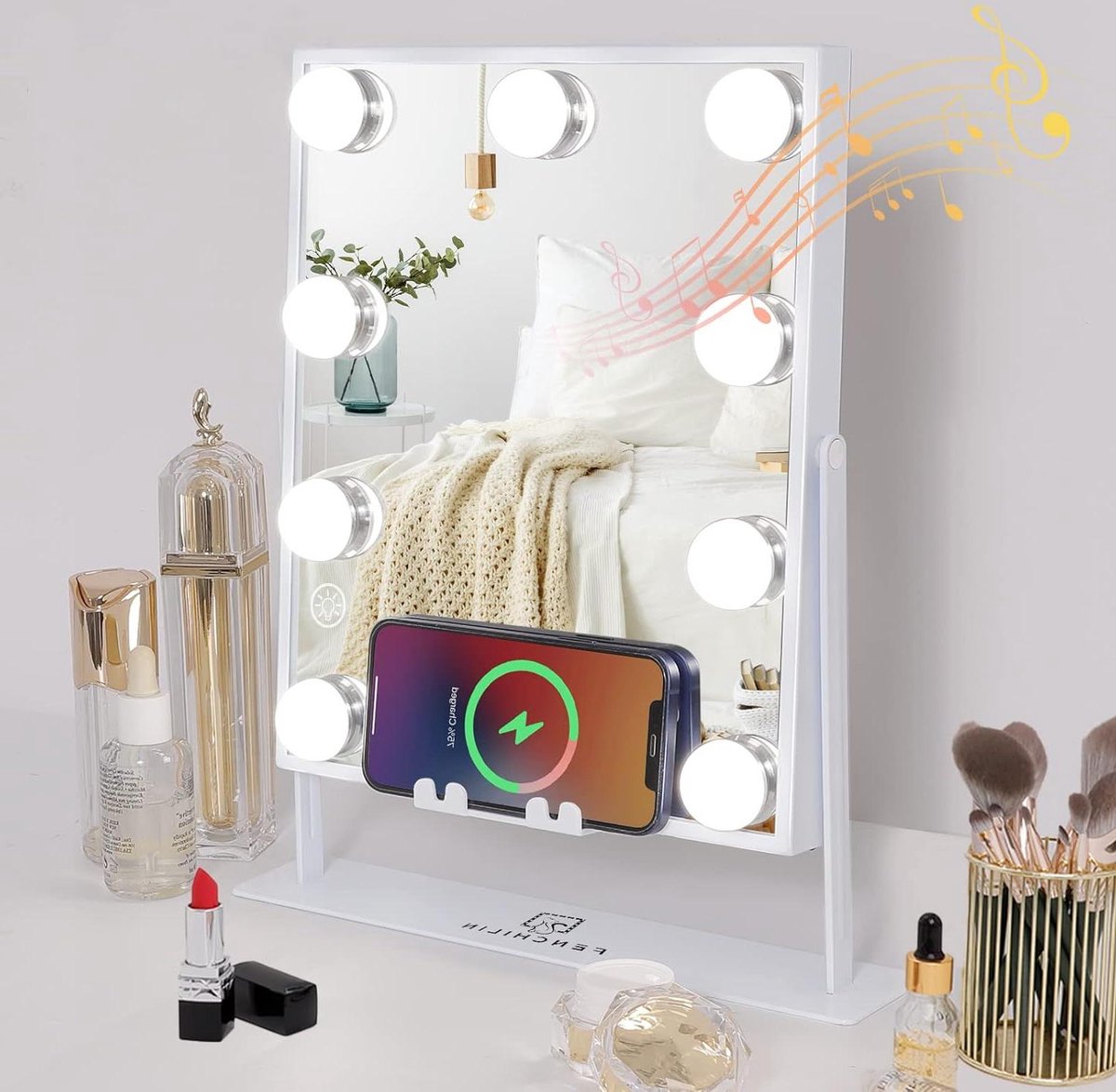 Make-up Spiegel Verlicht Draadloos Oplaadstation - Hollywood Cosmetische Make-upspiegel Met Licht - Dimbaar - 360 Graden Draaibaar - 9 LED Lampen - Wit - 25x30 cm