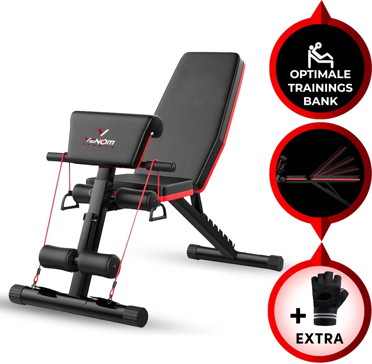 Venom Sports 4 in 1 multifunctionele trainingsbank - geschikt voor trainen van bicep, borst, onderrug en buik - fitnessbank - bench press - trainingsbank - zwart/rood