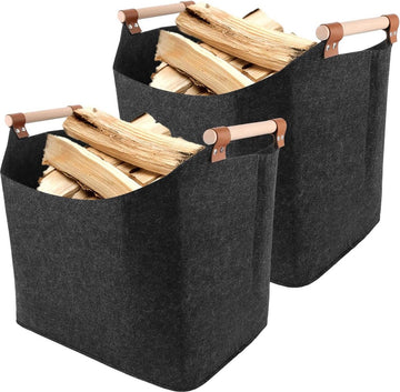 Haardhoutopslag - Houtopberging 2 stuks houten mand opvouwbaar voor haardhout XL donkergrijs met houten handvat