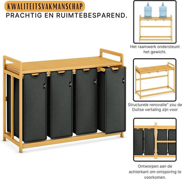 Verrijdbare wasmand - 4 vakken - Wassorteerder - Zwart - Houten blad - Nette hippe wasmand - 10,5x33x74,5 cm