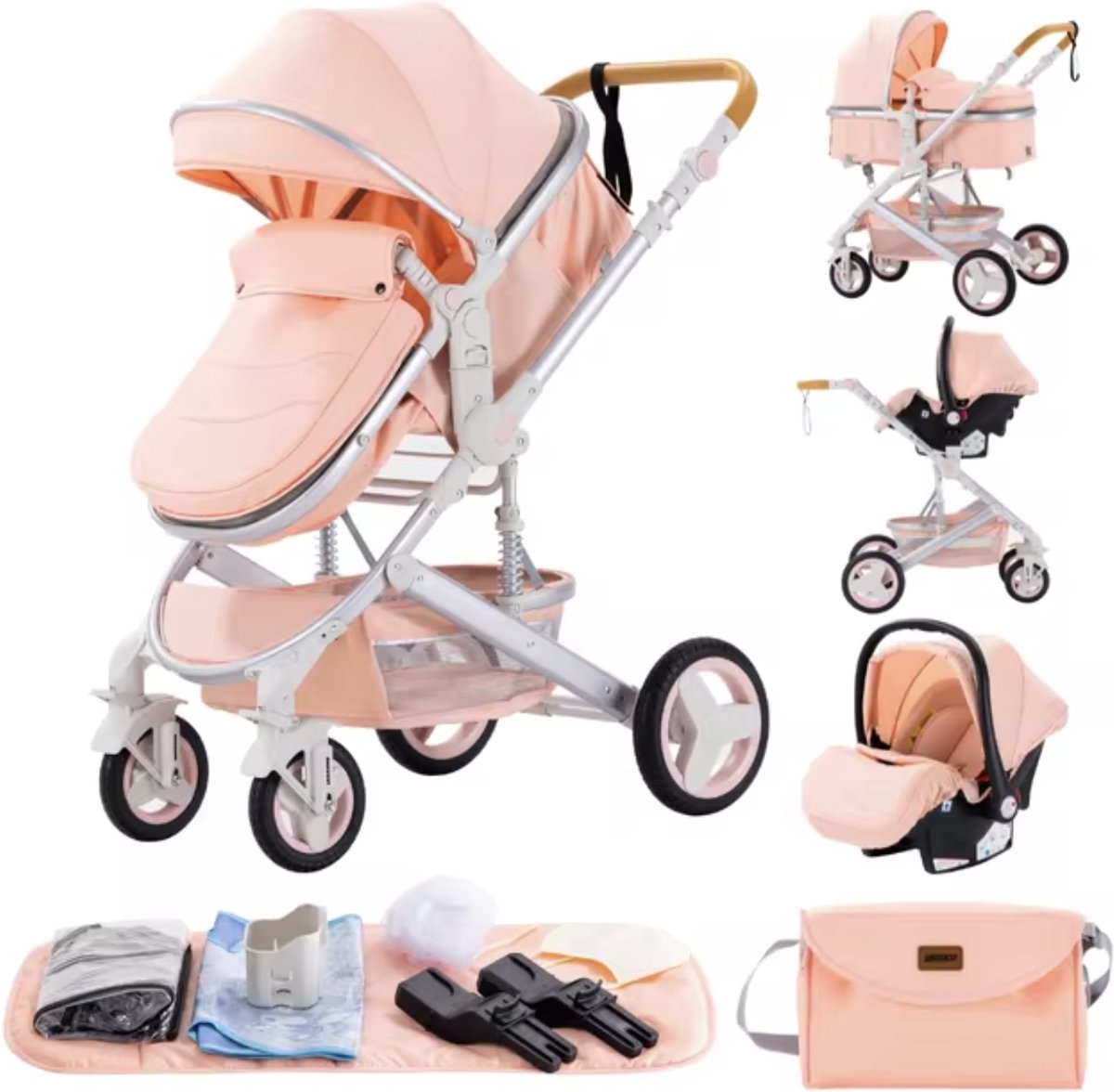 J&R Kinderwagen 3 in 1 - Kinderwagen - Bedje - Buggy - Autostoel - Opvouwbaar - Aluminium frame - Roze - Zilver