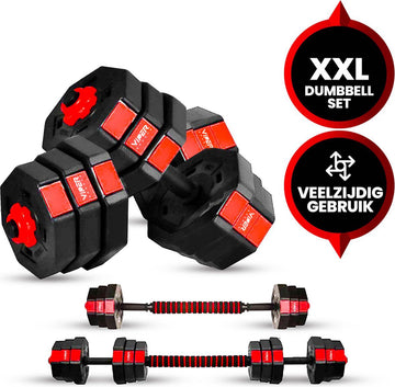 Viper Sports Verstelbare Dumbbell set tot 30kg – Halterset – Professionele 2-in-1 Halterset met gewichten – Krachttraining – Gebruiksvriendelijke Fitness Halterstang – Rood