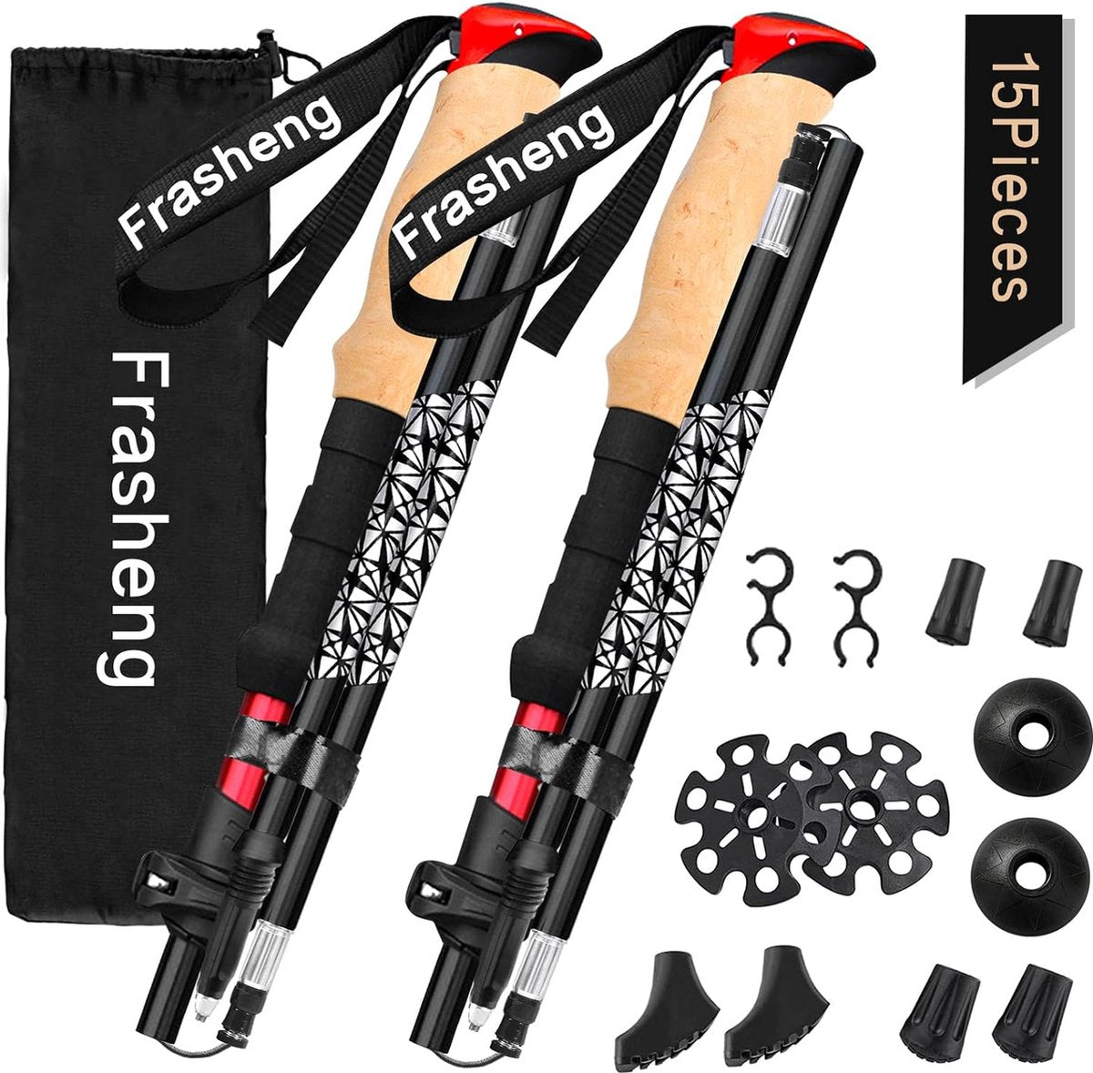Opvouwbare aluminium wandelstokken met kurken handvat, trekkingstokken, Nordic Walking stokken, telescopisch opvouwbare en verstelbare wandelstokken, met 4 paar rubberen buffers voor trekking, 135 cm.