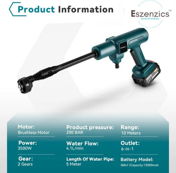 Eszenzics™ Elektrische Hogedrukreiniger - 6in1 Carwash - 3500W 200bar - Borstelloos - Waterpistool Voor Makita, incl. 2 accu's 18 V - Tuin - Irrigatie - Spuitpistool