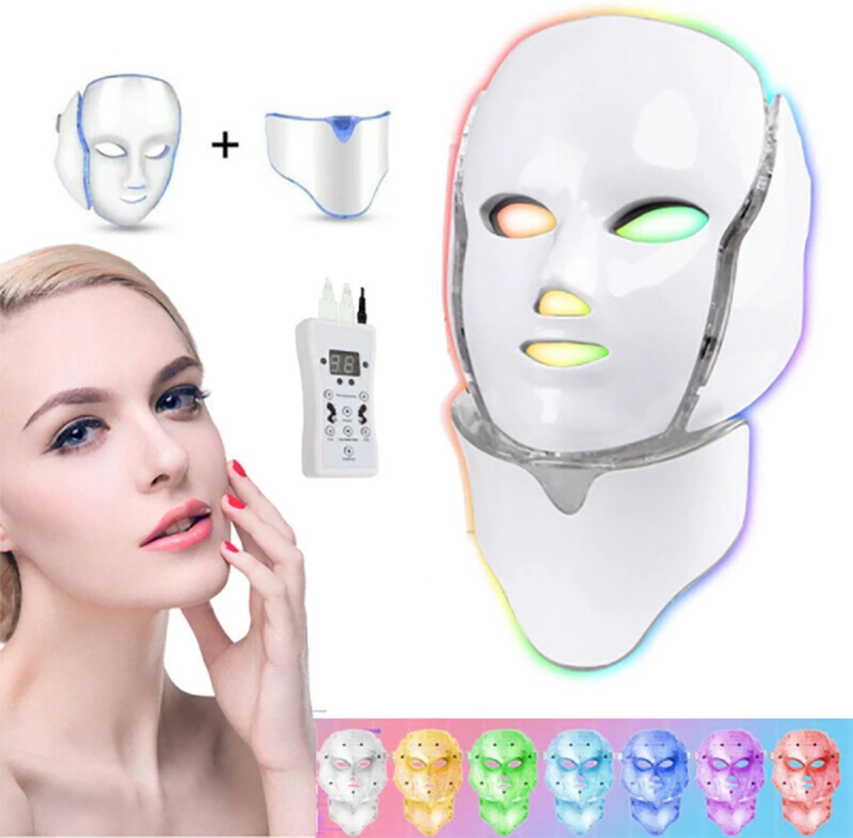 LED Gezichtsmaker - 7 Kleuren - Face Mask - Lichttherapie - Masker voor Gezicht - Tegen Acne, Droge Huid & Rimpels - Wit