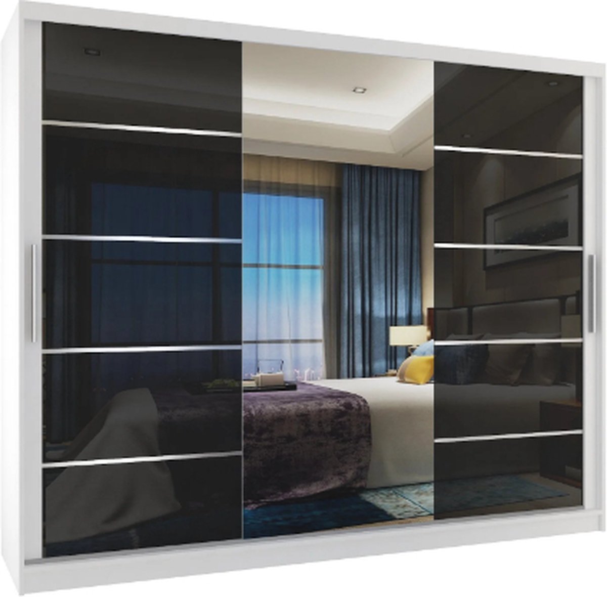 Kledingkast Slaapkamer Wit Zwart 235 cm-Schuifdeur-Spiegel-Lades-Kledingkasten-Schuifdeurkast-Garderobekast