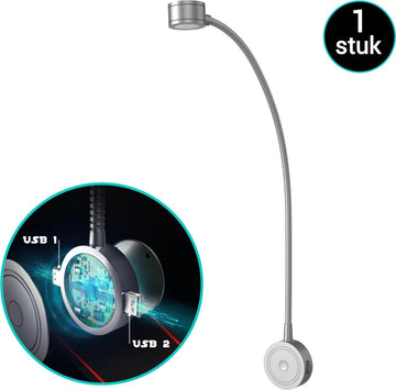 Bolt Electronics® Leeslamp 1 stuk – Bedlamp met 2 USB's - Nachtlampje voor Volwassenen - Wandlamp met Dimfunctie - zilver - 220 V - 53 CM
