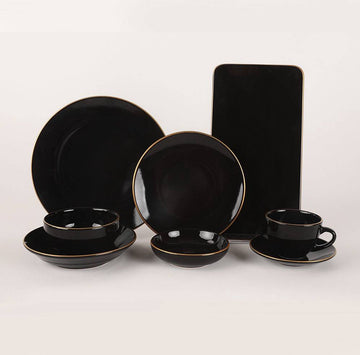 Asir Serviesset - Dinerset (44-delig). Zwart/Goud Serviesbord: 26 cm (6 stuks) Bord: 19 cm (6 stuks) Taartserveerbord: 20 cm (6 stuks) Schaal: 12 cm (6 stuks) 100% KERAMISCH AARDEWERK