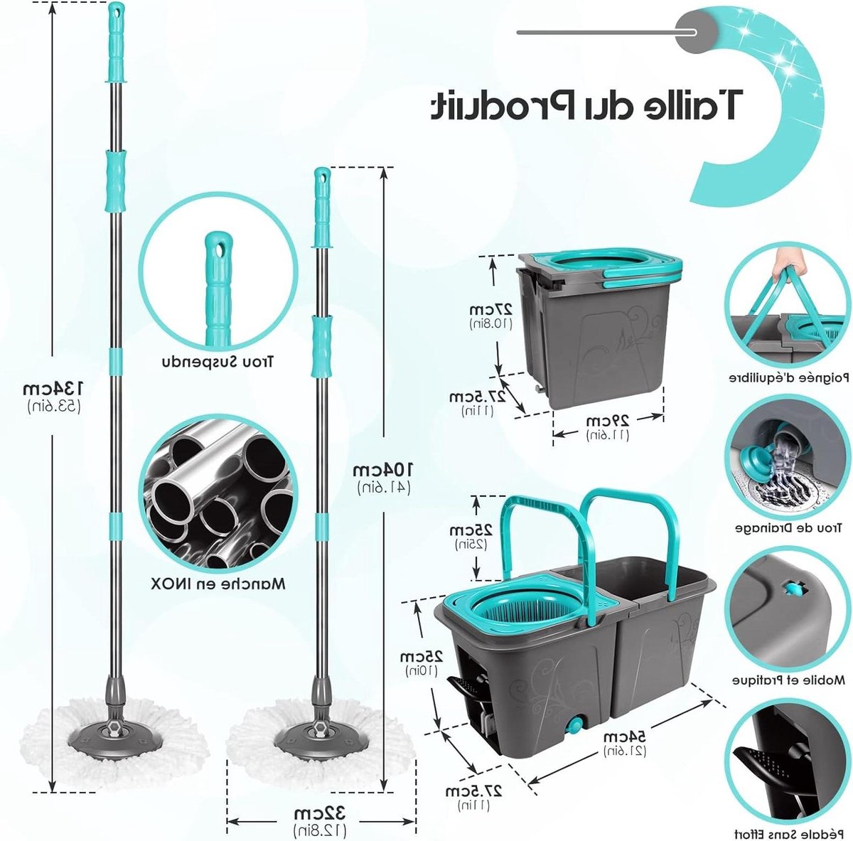 Dweilmop Set - Afneembare Twee-kameremmer - Voetpedaal Design - Roestvrijstalen Handgreep - 6 Dweilkoppen - Vloerreiniging
