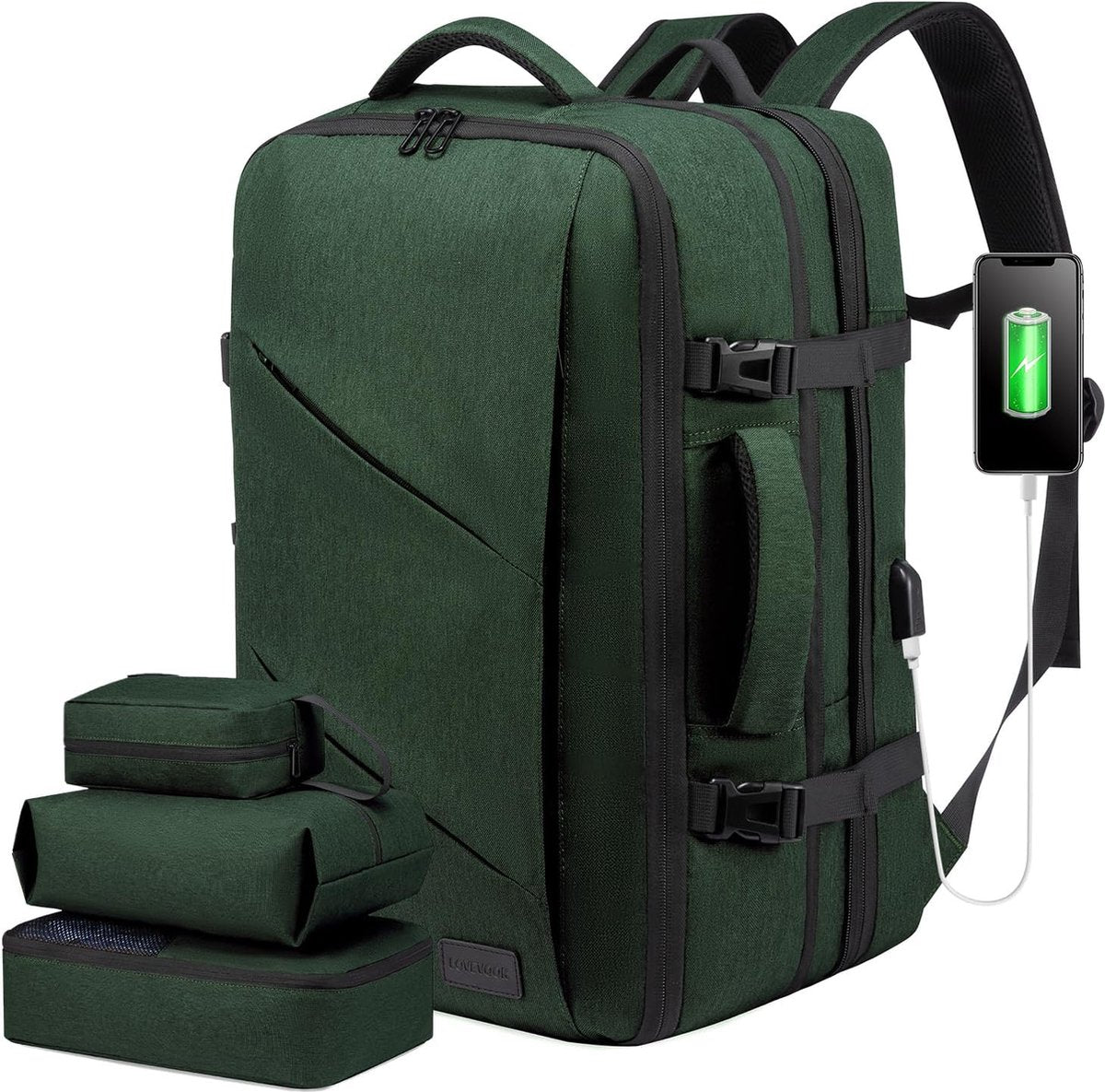 Reisrugzak, handbagage, vliegtuig, rugzak, handbagage, vliegtuig, zakelijke rugzak, heren, dames, uitbreidbaar, laptoprugzak voor 17,3 inch voor weekends, donkergroen